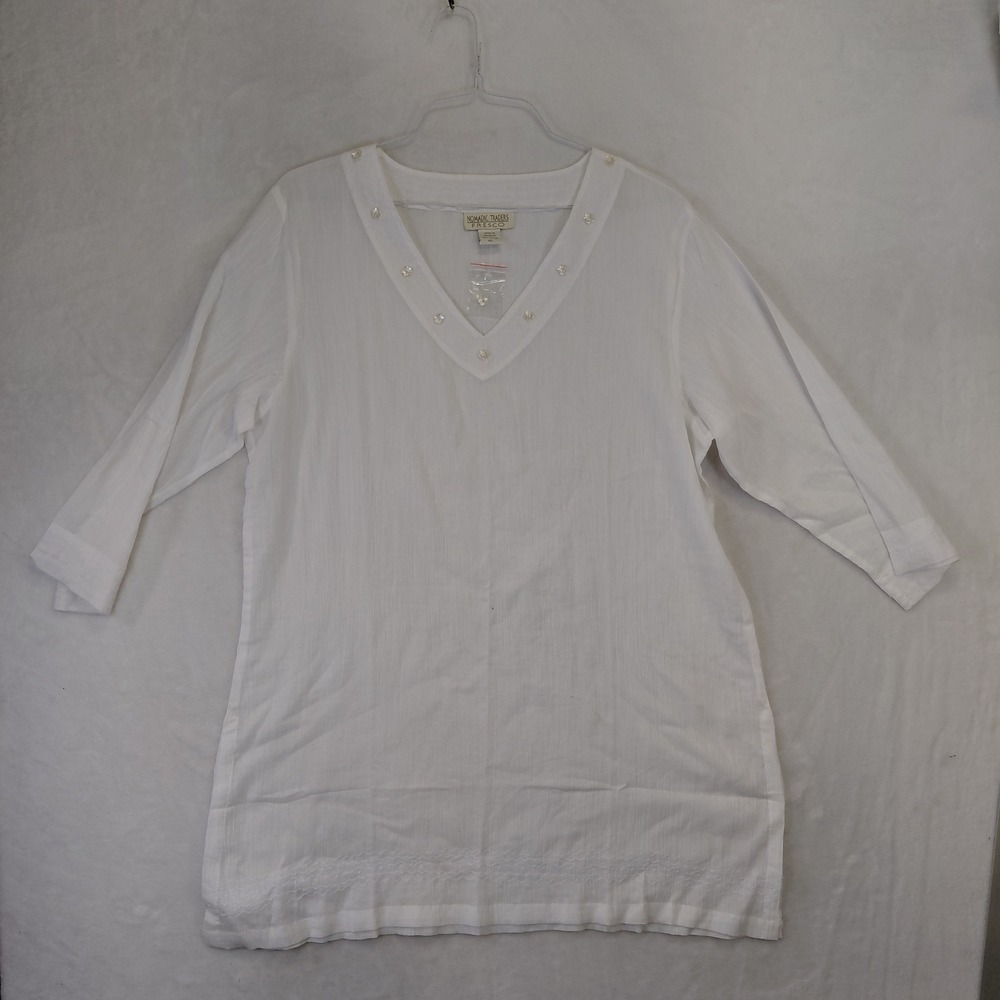 Nomadic Traders Fresco White Cotton V-Neck Beaded Tunic Top XL 3/4 Sleeve